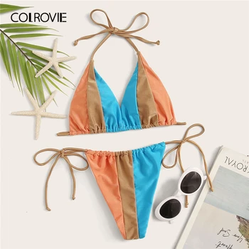

COLROVIE Colorblock Halter Top With Tie Side Bikini Set Women Multicolor Bikini Set 2020 New Summer Stretchy Sexy Beach Swimsuit