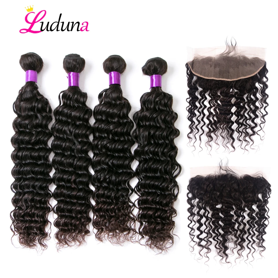 

Luduna Deep Wave 4 Bundles With Closure Brazilian Hair Weave Bundles With Frontal Closure Natural Color Remy Hair Extensions