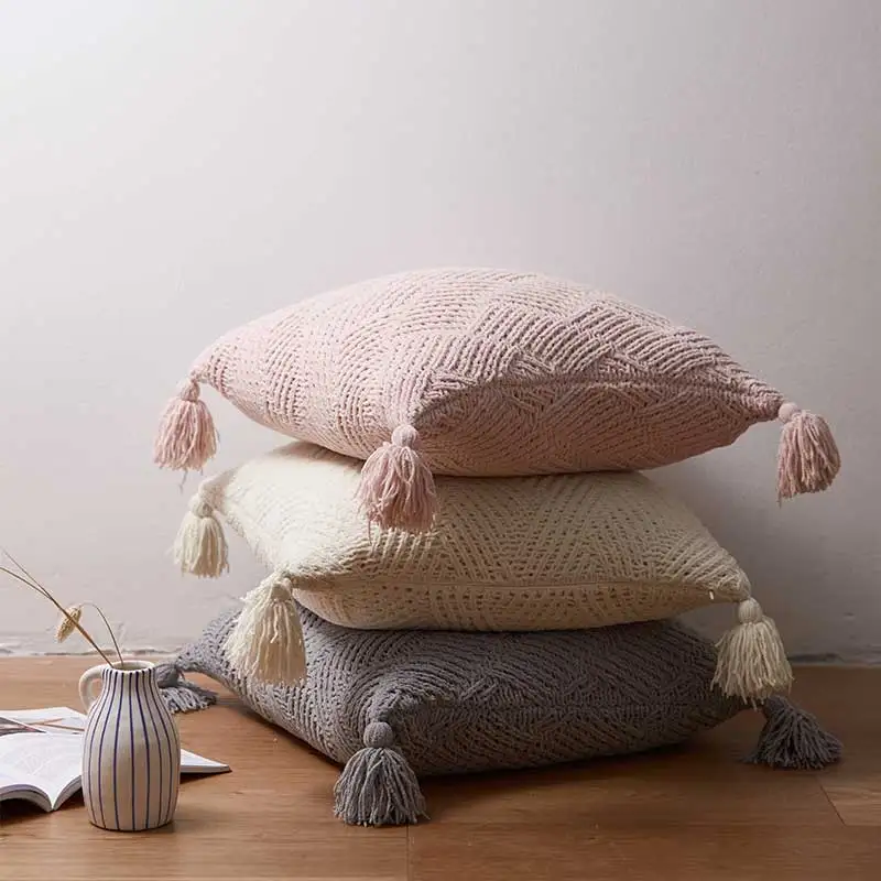 

Soft Cushion Cover 45x45cm Ivory Pink Grey Pillow Cover Tassels Chenille Knit Home decoration Square Pillow Case For sofa Bed