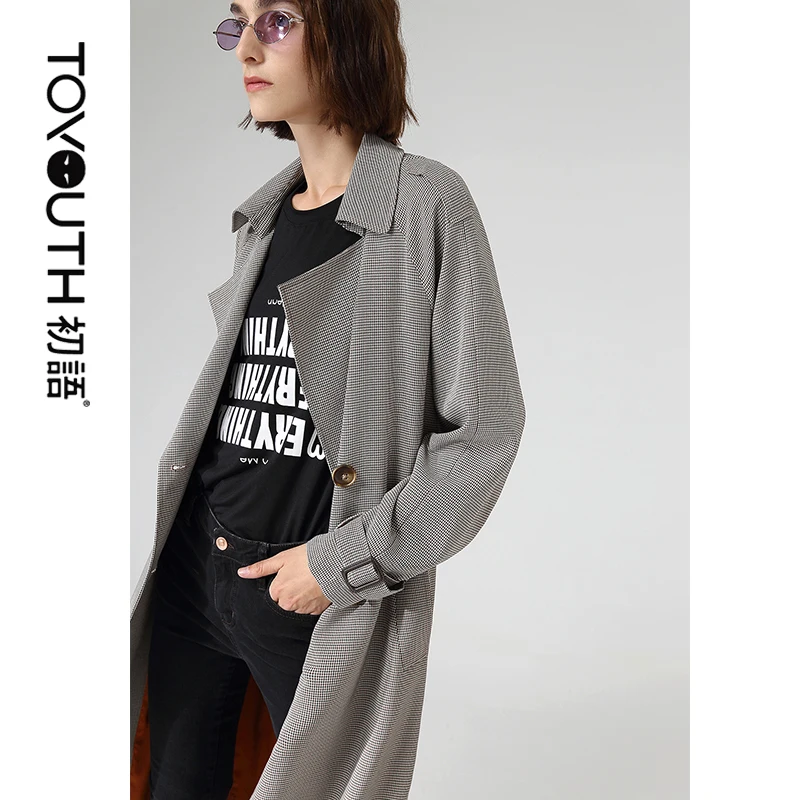 Goedkoop Toyouth Office Dames Werkkleding Lange Trenchcoats Double Breasted Lange Mouwen Houndstooth Bovenkleding Geul