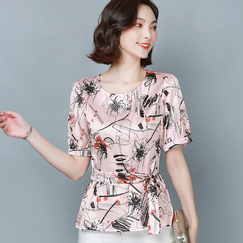

Korean Heavy Silk Blouses Women Satin Shirt Tops Summer Woman Print Blouse Top Plus Size Blusas Mujer De Moda 2020 Ladies Tops
