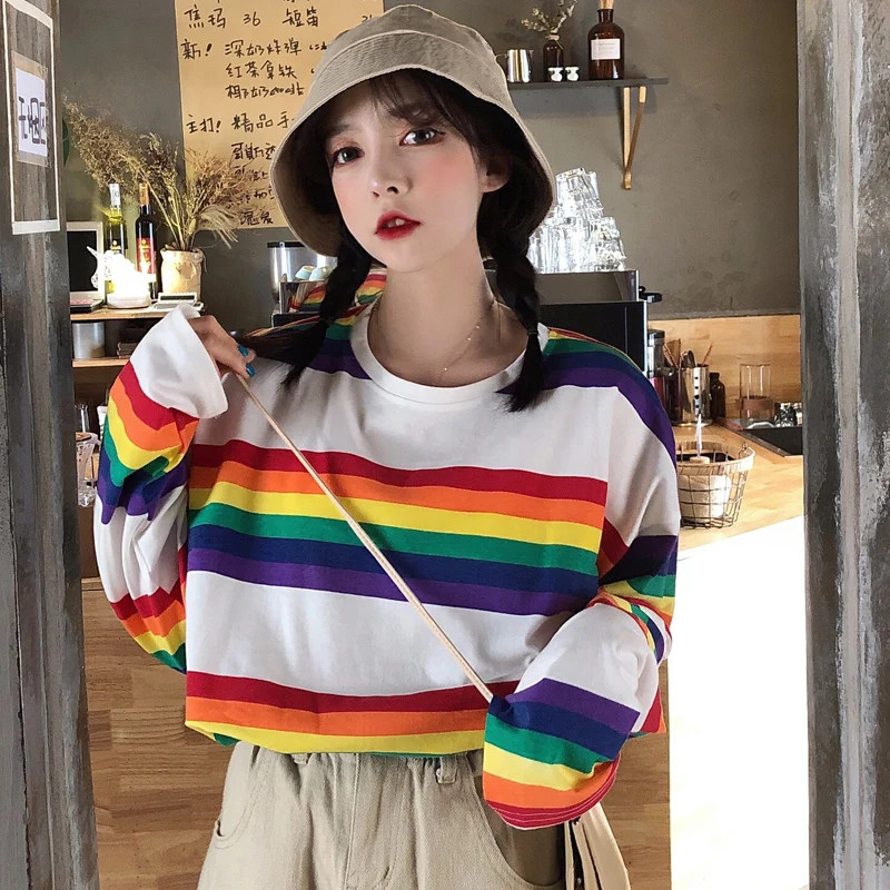 Cena Tee koszula kobieta SAutumn topy koreański Ulzzang Harajuku Rainbow koszulka w paski dla kobiet z długim rękawem Tshirt kobiet odzież codzienna