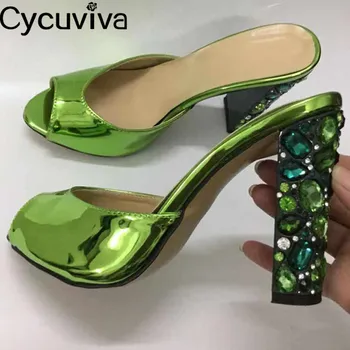 

2020 New Rhinestone Chunky Heels Slippers Women Glossy Leather Bowknot Peep Toe Summer Sandals Runway Dress Party Shoes Woman