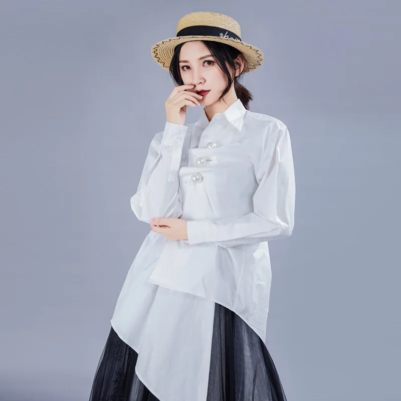 

Johnature 2019 New Fashion Women Tops Blouses Autumn Loose Korean Turn-down Collar Irregular Long Genuine Pearl Female Shirts