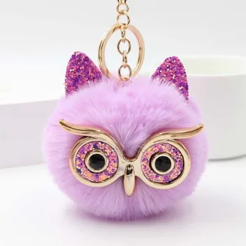 

Lovely Sequin Ear Owl Keychains For Girls Boy Fluffy Fake Animal Fur Ball Pompon Key Chain Charm Women Bag Key Ring Teacher Gift