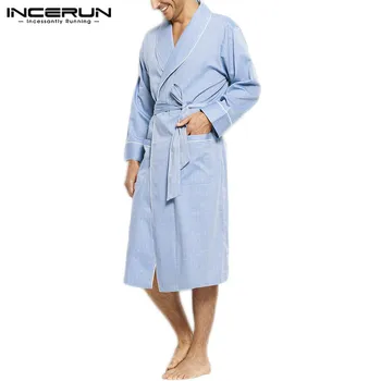 

Causal Pockets Sleepwear Nightgown Men Solid Bathrobes Leisure Short Sleeve V Neck Bathrobe Cozy Lace Up Nigthgown INCERUN 5XL 7
