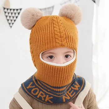 

Winter 2 In 1 Knit Beanie Hat Scarf Warm Ski Cap With Ear Design Pom Windproof Mask
