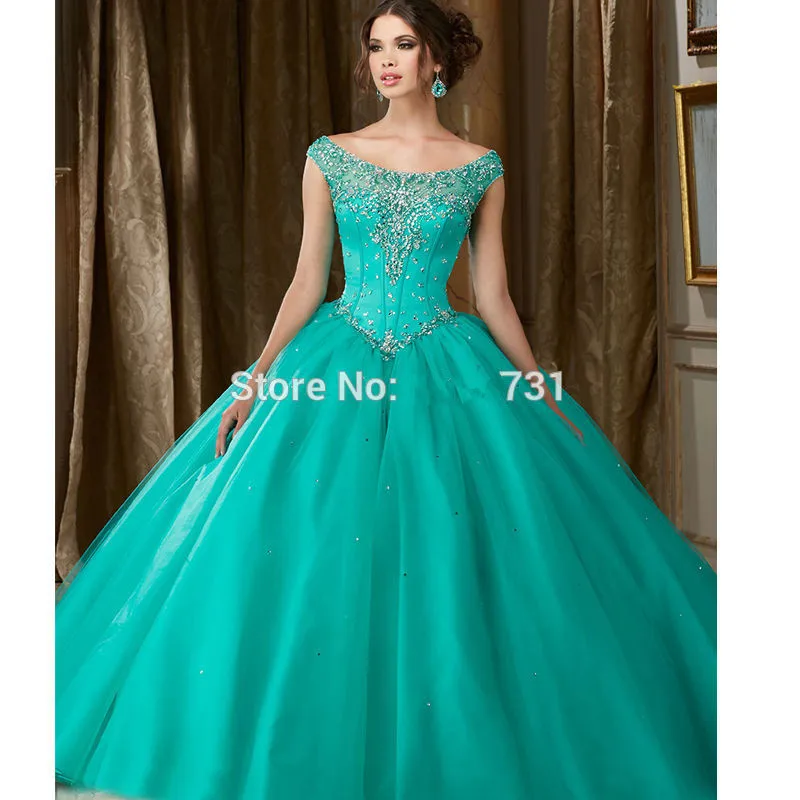 

Mint Green 2019 Quinceanera Dresses Ball Gown Off The Shoulder Tulle Beaded Pearls Cheap Sweet 16 Dressees