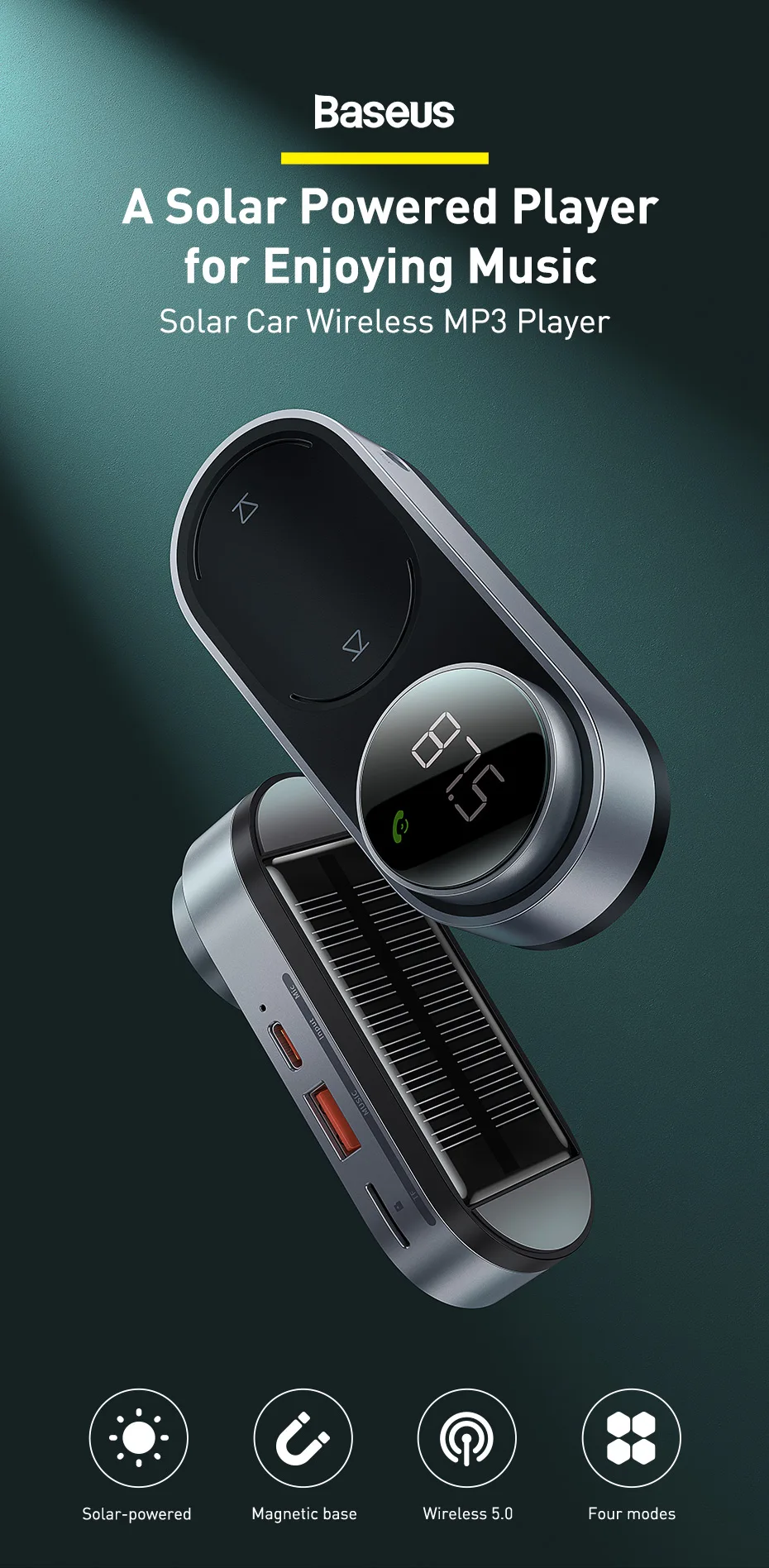 Baseus lecteur de musique MP3 solaire sans fil pour voiture Bluetooth 5.0-0