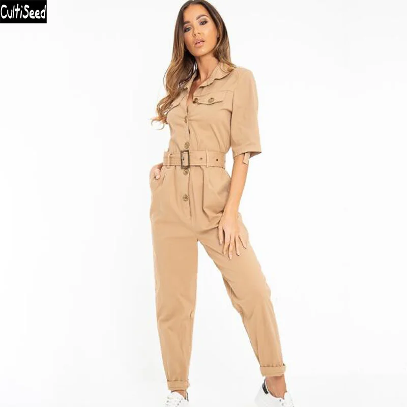 

Cultiseed Women European Pockets Jeans Jumpsuits Rompers Female Fashion Turn Down Collar Solid Color Overall Jumpsuits Rompers