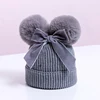 Baby Double Pompom Hat Velvet Bow Winter Girls Warm Knit Thicker Pom Pom Hats Ball Children Beanie Cap Kids Bonnet Casquette 5