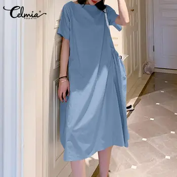 

2020 Plus Size Women Summer Midi Dress Celmia Ladies Solid Short Sleeve Pockets Pleated Shirt Dresses Ladies Vestidos Robe Mujer