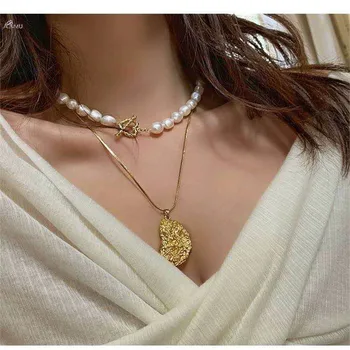 

AOMU 2020 Simple Metal Double Layer Heart Pearl Necklace Geometry Pendant Necklace Clavicle Chain For Women Men Jewelry Party