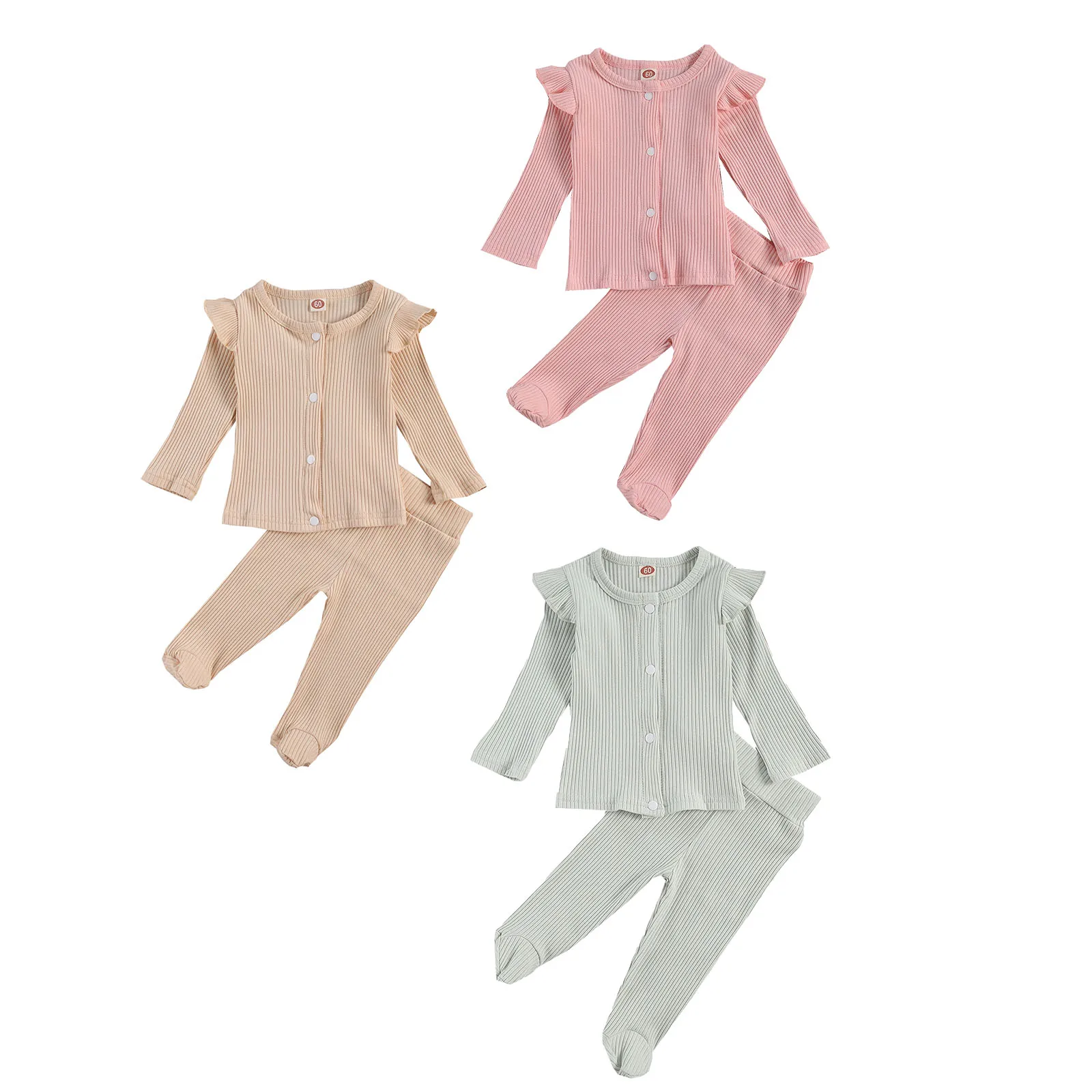 

Baby Girls Boys 2Pcs Suit Clothes, Solid Cotton Round Neck Ruffle Shoulder Long Sleeve Shirt + Warm Loose Trousers Set Outfit