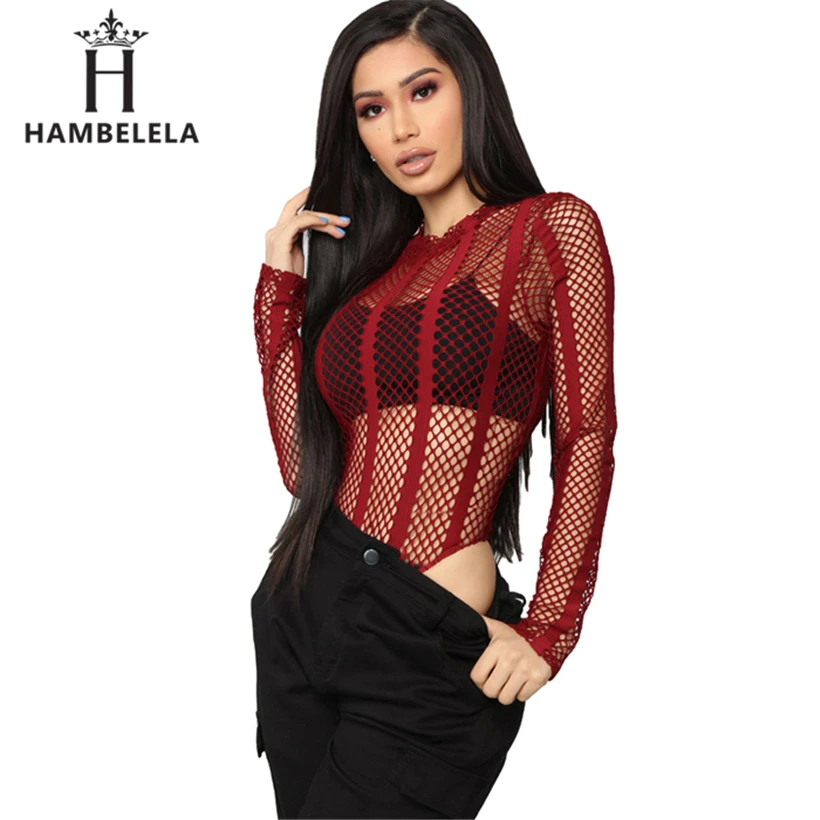 HAMBELELA Sexy Black Red Mesh Bodysuit Womens Hollow Out O-Neck Long Sleeve Body Combinaison Femme Summer Tops Women Overalls (1)