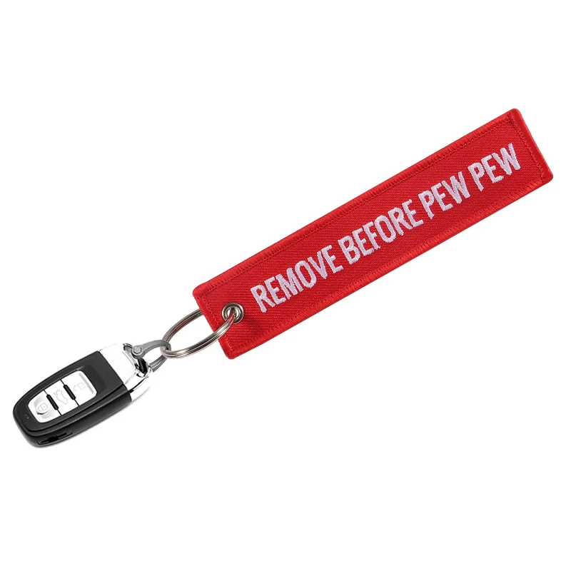 Remove Before Pew Pew Key Ring Red Embroidery Key Tag Label Key Fobs OEM Keychain Jewelry Motorcycle Keyring Chaveiro (7)