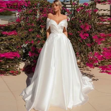 

Verngo 2022 Simple Satin A Line Wedding Dresses Off Shoulder Pleats Tied Back Plain Bridal Gowns With Pockets Vestido de noiva