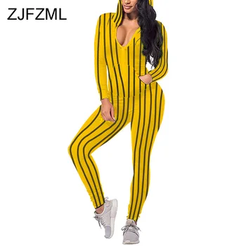 

Sexy Hooded Striped Bandage Jumpsuit Women Front Buttons Elegant Long Sleeve Bodysuit Ladies Plus Size Bodycon Party Overall