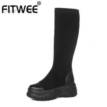 

FITWEE New Women Knee High Boots Real Leather Thick Bottom Women Winter Shoes Fashion Cool Long Boots Women Footwear Size 34-39