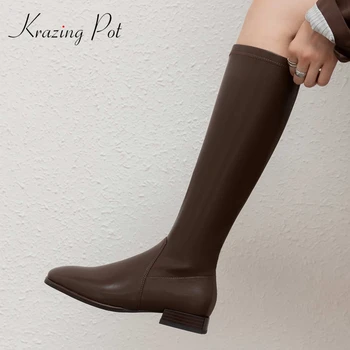 

krazing pot riding boots natural leather leisure maiden thick low heel square toe zipper beauty lady dress knee high boots L02