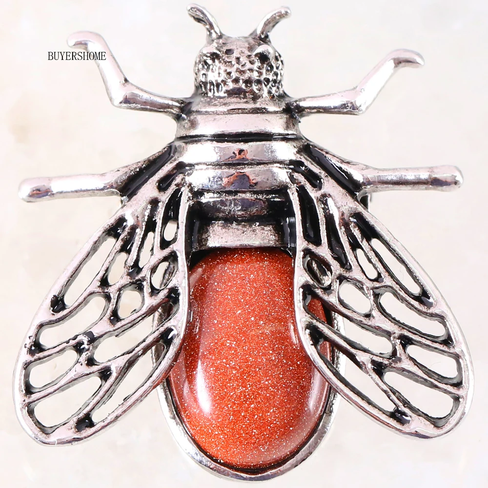 1Pcs Silver Cicada Brooch Natural Stone Pendant Howlite Rhodonite Carnelian Onyx Bead for Men Women DIY Jewelry Making - Окраска металла: Gold Sandstone