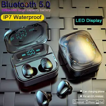 

Wireless Bluetooth 5.0 Headphone TWS Fingerprint Touch LED display Earphone IPX7 Waterproof Headphones with 2200mAH Charger Case