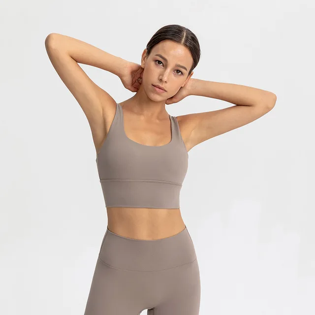 Lulu High Quality Fitness Bra Women Gym Tank Top Butter Soft  Cross Back Yoga Vest Athletic High Impact Brassiere With Chest Pad sand color