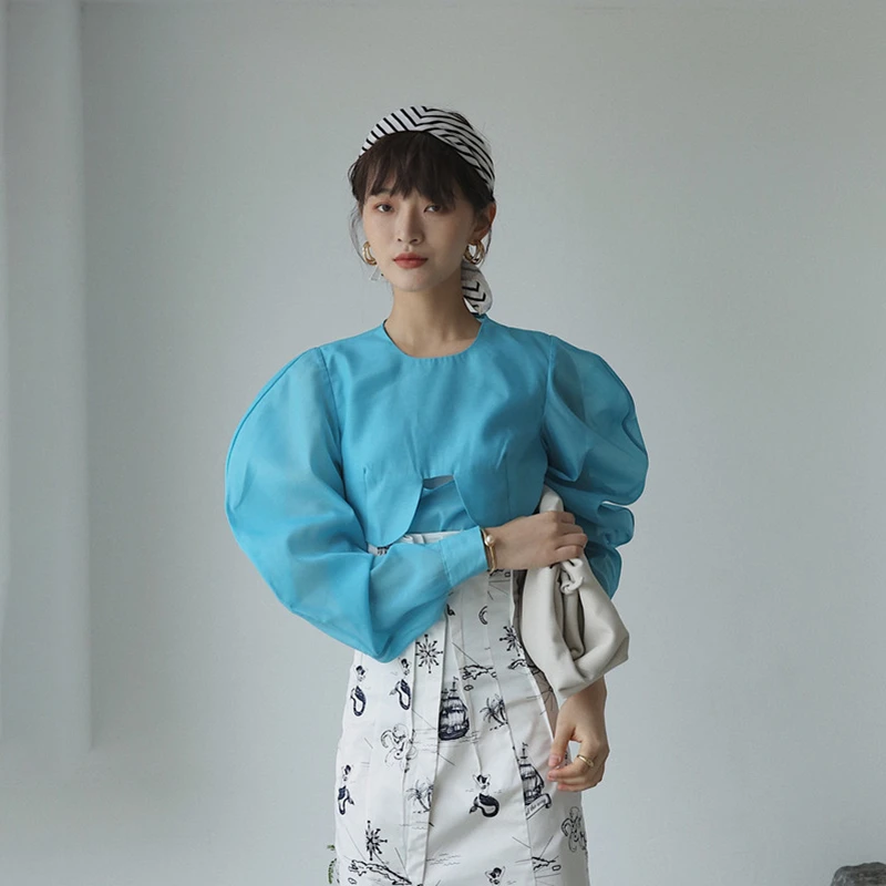 GALCAUR/женские Лоскутные рубашки с круглым вырезом и пышными рукавами в Корейском стиле, женская рубашка блузка Осенняя негабаритная модная новинка