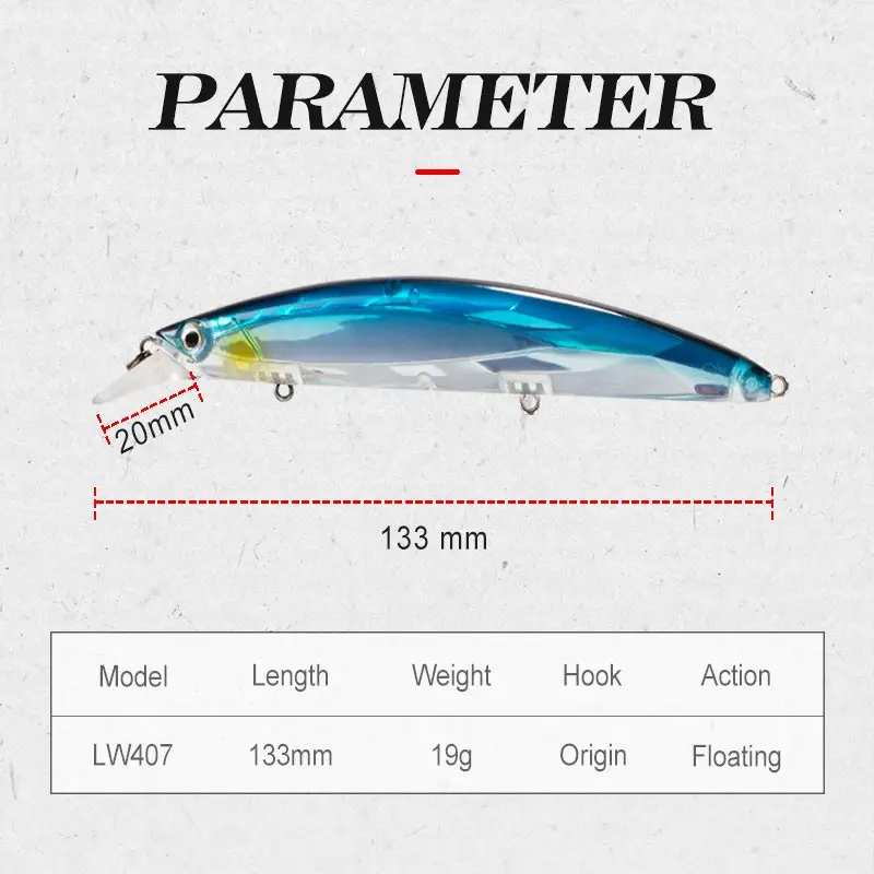 Hunthouse laser minnow LW407 133mm19g wobblers crankbait floation diving 0-2m hard fishing lure Artificial Bait for bass fishing
