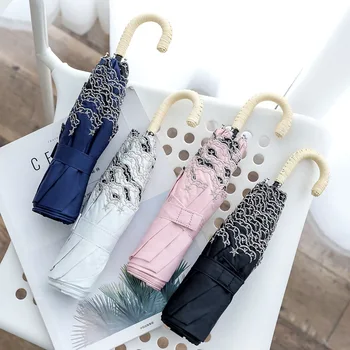 

New Three folding hook handle super light creative black and white and dichromatic lace flower series women's travel umbrella