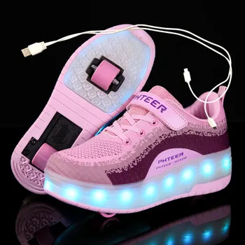 

Blue Pink Black USB Charging Fashion Girls Boys LED Light Roller Skate Shoes For Children Kids Sneakers With Wheels Two wheels