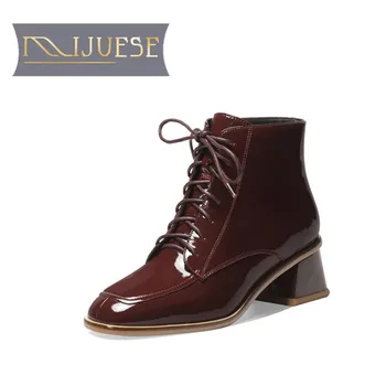 

MLJUESE 2021 women Ankle boots Cow leather Winter short plush Square Toe Zipper High heels female boots size 39