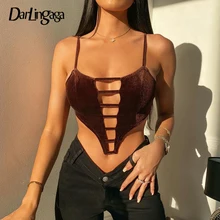 

Darlingaga Fashion Chic Wine Red Velvet Strap Cami Tops Skinny Solid Short Sexy Top Women Hollow Out Backless Clubwear Crop Top