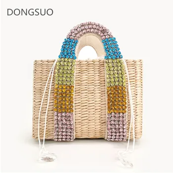 

Women rattan bag beach straw pearl totes bag woven natural basket shoulder messenger bag 2020 summer fashion