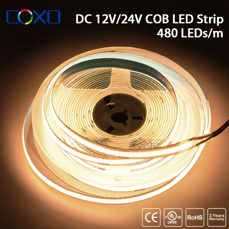 UL Listed COB LED Strip Light 480 LEDs/m 5m/lot 16.4ft High Density Flexible Tape Ribbon 3000 6500K RA90 Led Lights DC12V 24V
