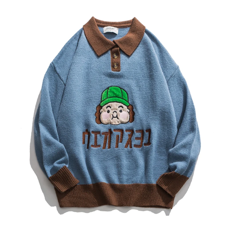 

Turn-down Collar Pullovers Sweater Women Winter Thick Cartoon Embroidery Button Sweater Knitted Vintage Korean Fashion Coats