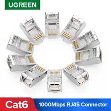 Conector rj45 ugreen, conector ethernet modular 8p8c, plugue de cabeça banhado a ouro gato 6, rede crimpadora rj 45 conector cat6