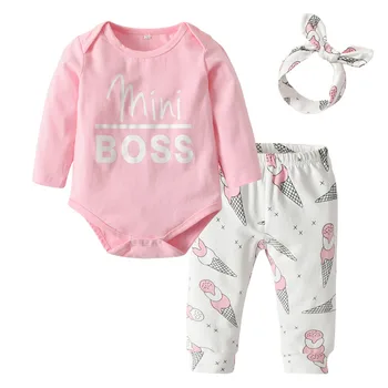 

Toddler Girls Clothing Infant Clothes Set Long Sleeve Pink Mini Romper+Ice Cream Print Pants+Headband 3Pcs Newborn Clothes