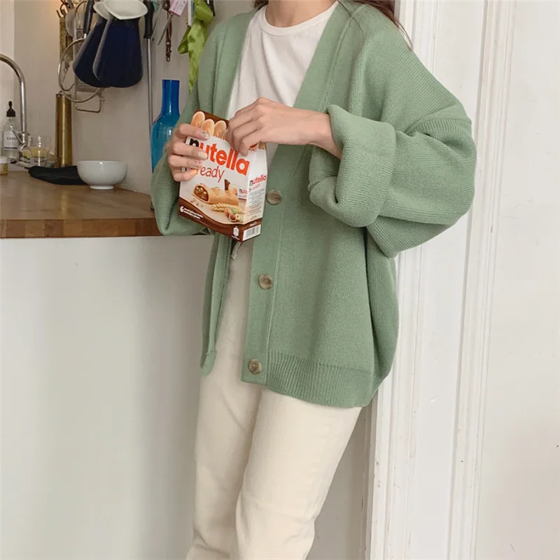 Autumn New Arrival Sweet Gentle Solid Color Loose Single-breasted Student Long-sleeved Knit Sweater Female Free Shipping