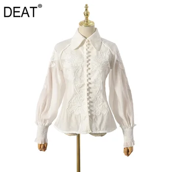 

DEAT 2020 new spring fashion women clothes turn-down collar lantern sleeves embroidery hollow out sexy shirt blouse WK41600L