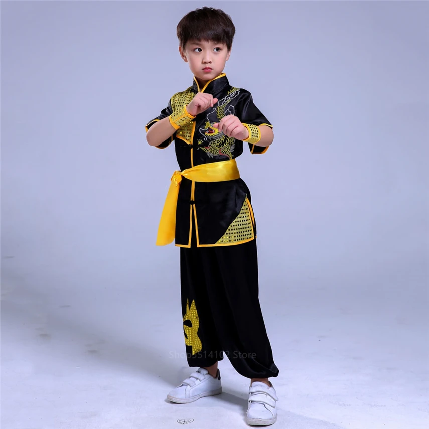 Boy Chinese Traditional Wushu Kung Fu Clothing Set For Kids Sequin Dragon Embroidery Stage Performance Martial Arts Uniform