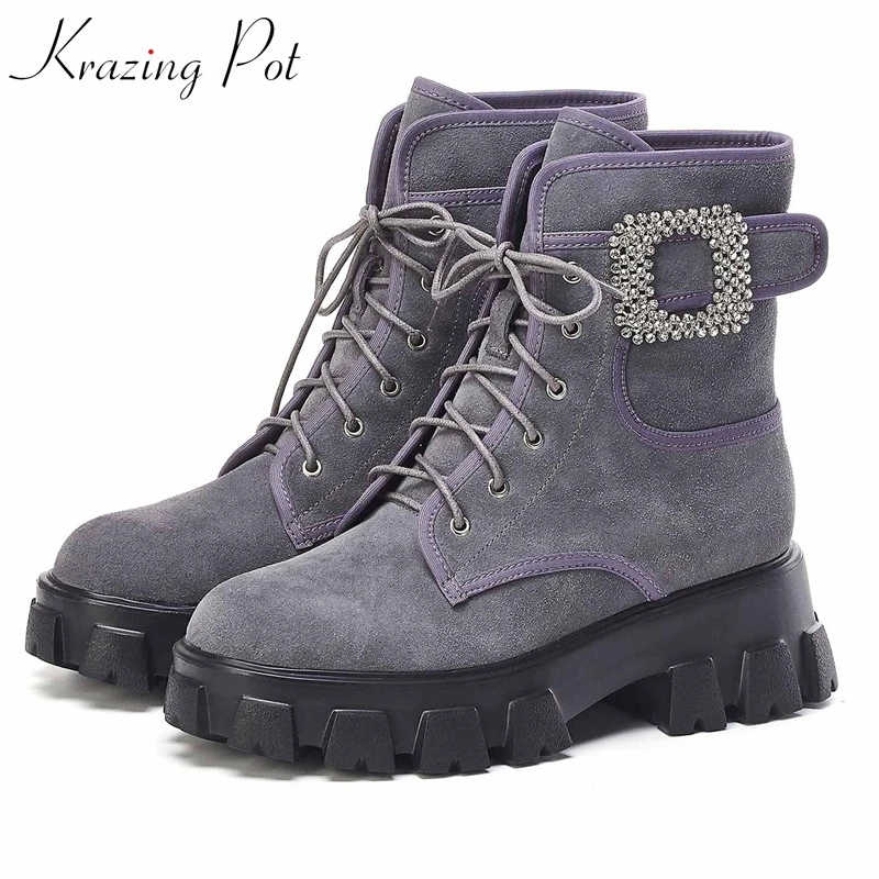 

krazing pot chic design cow suede round toe thick bottom platform boots wedges high heels crystal metal fastener ankle boots L17