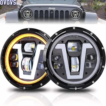 

7 Inch Halo LED Headlight for Jeep-Wrangler JK LJ TJ CJ DRL with White Halo Amber Turn Signal Land-Rover Defender