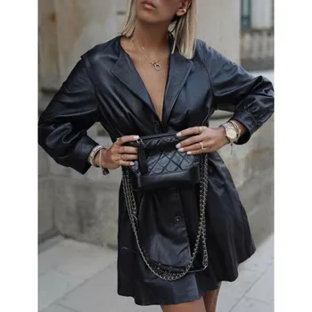 

2020 new fashion leather coat long-sleeved lapel stand-up collar Slim autumn and winter wear black long ladies jacket streetwear