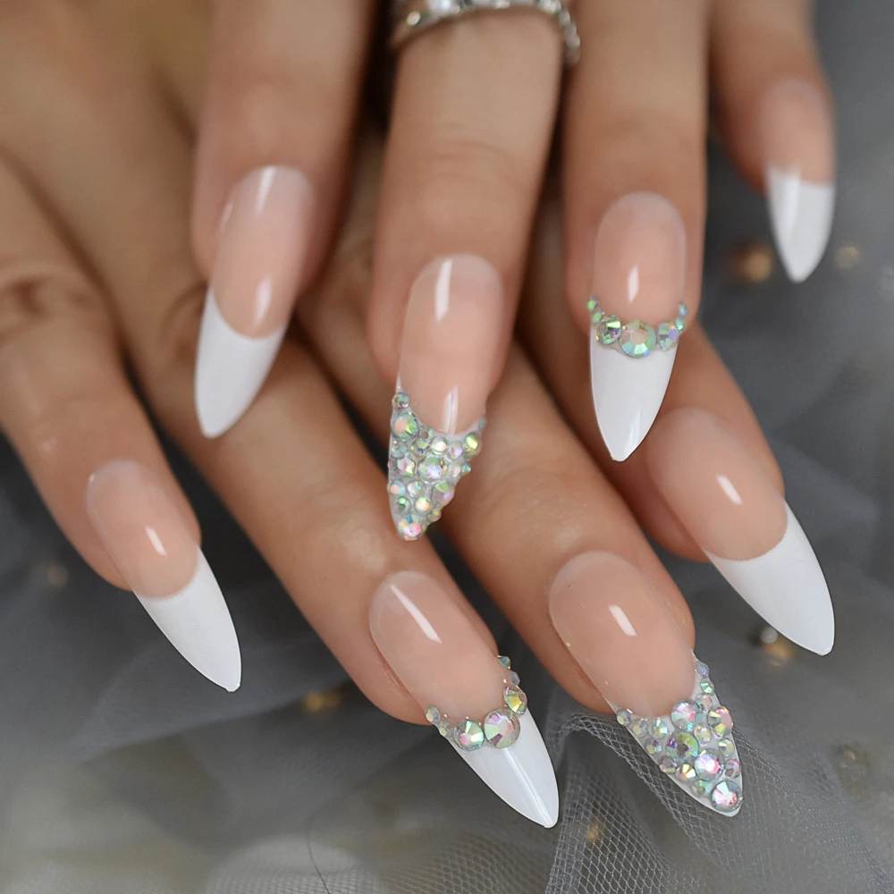 

Custom Press On Nails AB Crystal Pre-designed French Tip Stiletto Long White Nude Crafted Faux Ongles Kit 24