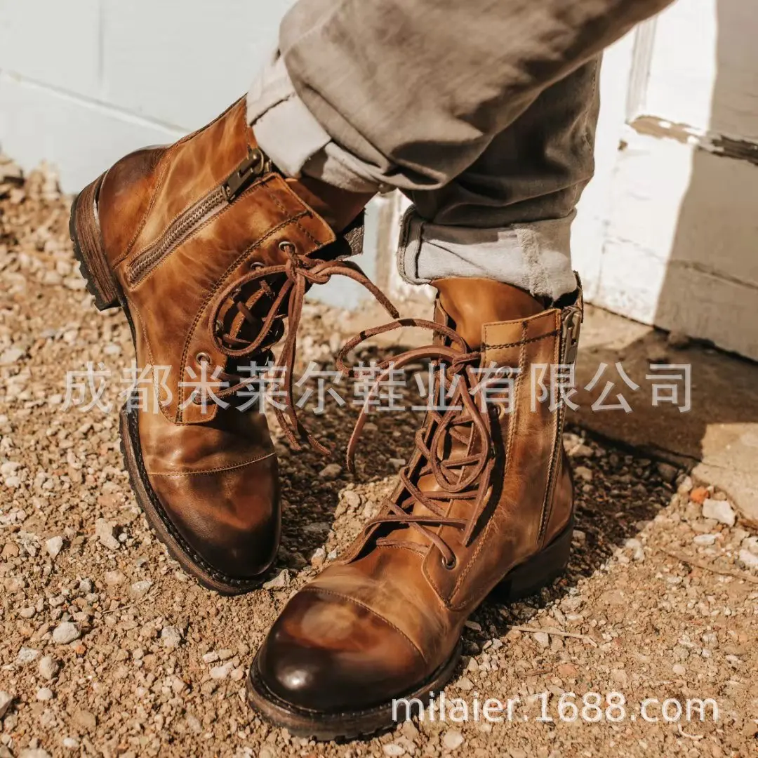 

New Style Men's round-Toe Europe And America Men's Leather Boot Lace up Front Cotton Boots Thick Waterproof Low Heel Martin Boot