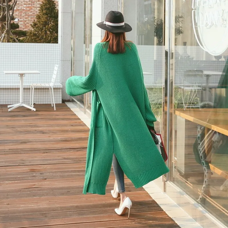 

Vintage Casual Long Cardigan Women 2019 Autumn Winter Coat Pockets Slit Long Sleeve Plus Size Thick Knitted Sweater pull femme