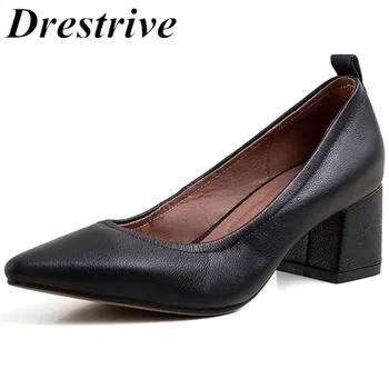 

Drestrive Cow Leather Women Pumps Thick Heels 5 cm Pointed Toe Female Summer Shoes Dress Black Shallow 2020 Classics High Heels