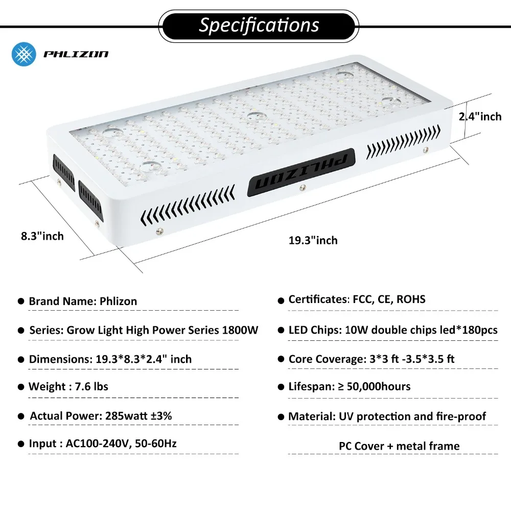 Phlizon led grow light 1800 Вт лампа для растений полный спектр растений Светодиодная панель для комнатных растений семена цветок, 6500 k fito led