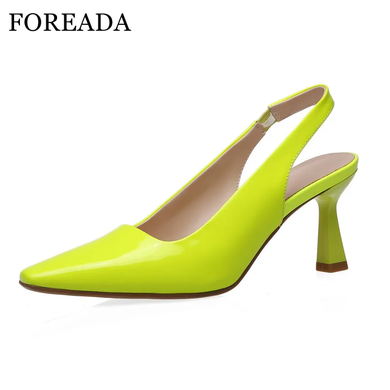 

FOREADA Woman Natural Genuine Leather High Heels Slingbacks Shoes Dress Square Toe Stiletto Heel Pumps Shallow Ladies Footwear